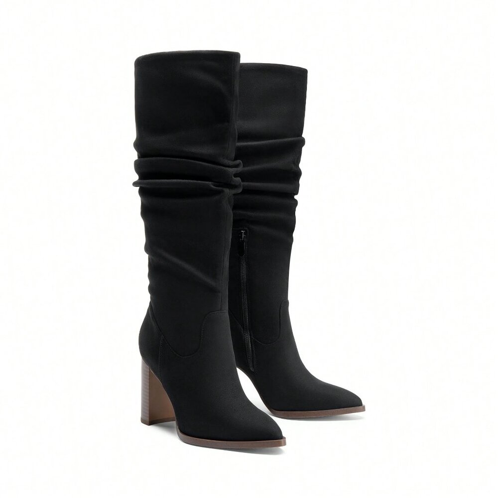 Black Elegant Women's Knee-High Pointed Toe Chunky Block Heel Suede With Side Zi - Picture 7 of 10